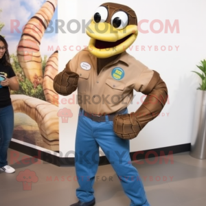 Brown Anaconda mascot costume character dressed with a Mom Jeans and Bracelet watches