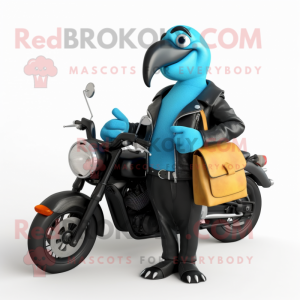 Cyan Toucan mascot costume character dressed with a Biker Jacket and Tote bags