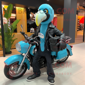 Cyan Toucan mascot costume character dressed with a Biker Jacket and Tote bags