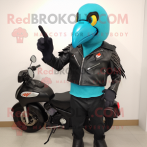 Cyan Toucan mascot costume character dressed with a Biker Jacket and Tote bags