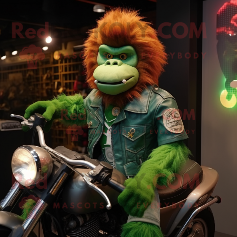 Green Orangutan mascot costume character dressed with a Biker Jacket and Keychains Green Orangutan mascot costume character dressed with a Biker Jacket and Keychains