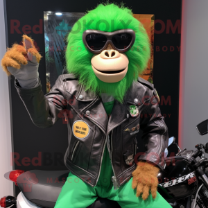 Green Orangutan mascot costume character dressed with a Biker Jacket and Keychains