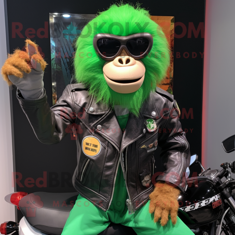 Green Orangutan mascot costume character dressed with a Biker Jacket and Keychains