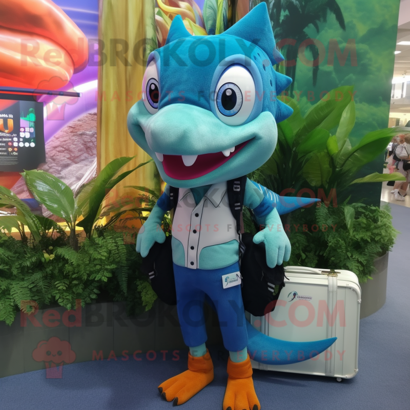Turquoise Barracuda mascot costume character dressed with a Waistcoat and Messenger bags Turquoise Barracuda mascot costume character dressed with a Waistcoat and Messenger bags