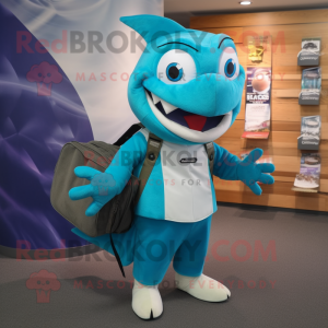 Turquoise Barracuda mascot costume character dressed with a Waistcoat and Messenger bags