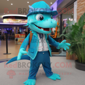 Turquoise Barracuda mascot costume character dressed with a Waistcoat and Messenger bags