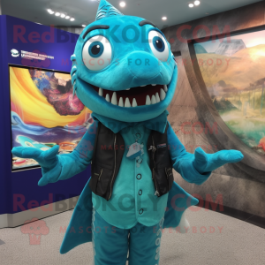 Turquoise Barracuda mascot costume character dressed with a Waistcoat and Messenger bags