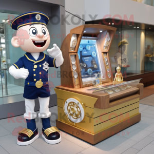 Navy Treasure Chest mascot costume character dressed with a Henley Shirt and Digital watches