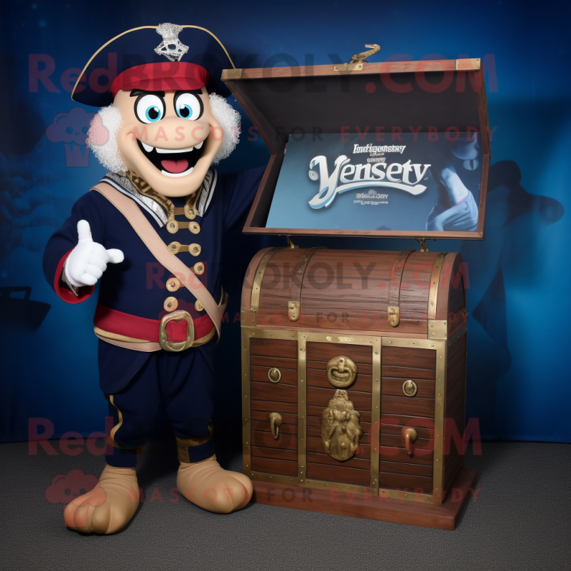 Navy Treasure Chest mascot costume character dressed with a Henley Shirt and Digital watches