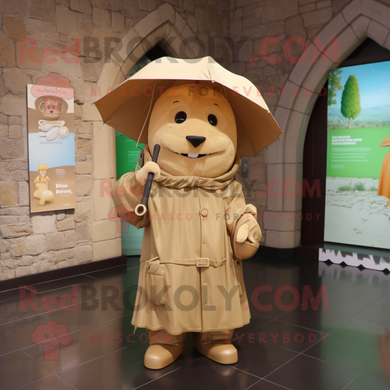 Tan Irish Castle mascot costume character dressed with a Raincoat and Keychains Tan Irish Castle mascot costume character dressed with a Raincoat and Keychains