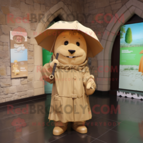 Tan Irish Castle mascot costume character dressed with a Raincoat and Keychains