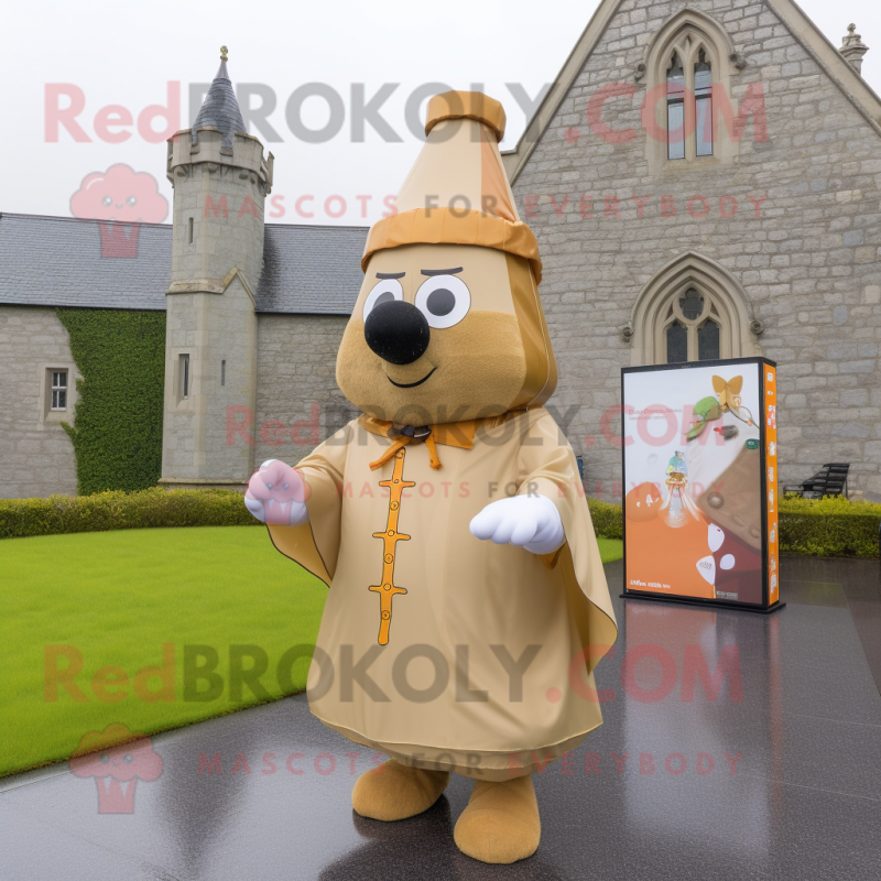 Tan Irish Castle mascot costume character dressed with a Raincoat and Keychains Tan Irish Castle mascot costume character dressed with a Raincoat and Keychains
