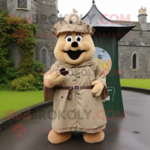 Tan Irish Castle mascot costume character dressed with a Raincoat and Keychains