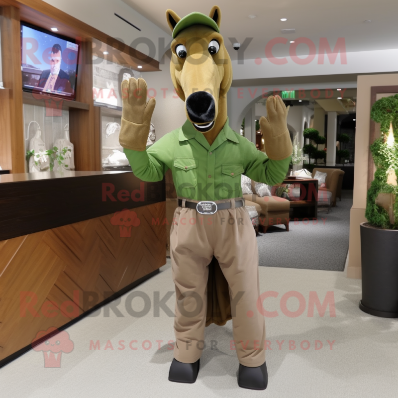 Olive Horse mascot costume character dressed with a Dress Shirt and Gloves