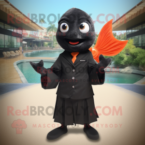 Black Goldfish mascot costume character dressed with a Wrap Dress and Tie pins