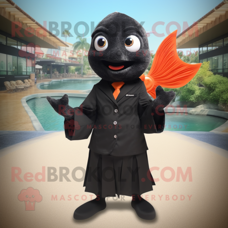 Black Goldfish mascot costume character dressed with a Wrap Dress and Tie pins