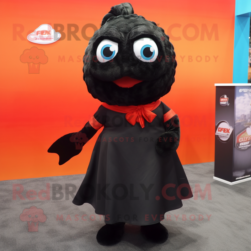 Black Goldfish mascot costume character dressed with a Wrap Dress and Tie pins