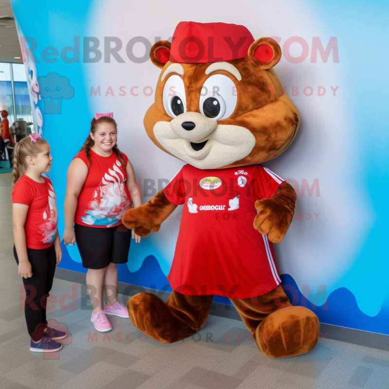 Red Chipmunk mascot costume character dressed with a One-Piece Swimsuit and Hair clips