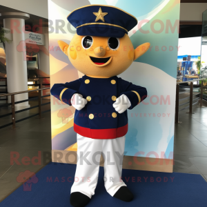 Navy Starfish mascot costume character dressed with a Empire Waist Dress and Belts