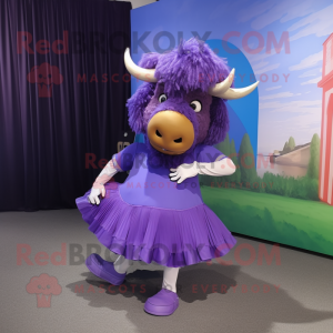 Purple Buffalo mascot costume character dressed with a Pleated Skirt and Foot pads