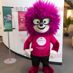 Magenta Porcupine mascot costume character dressed with a Henley Tee and Eyeglasses