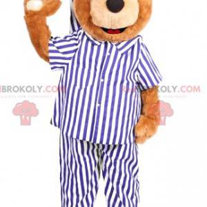 Bear maskot med hvite og blå stripete pyjamas - Redbrokoly.com
