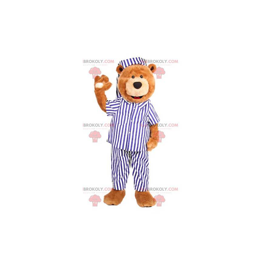 Bear maskot med hvite og blå stripete pyjamas - Redbrokoly.com