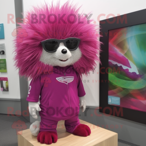 Magenta Porcupine mascot costume character dressed with a Henley Tee and Eyeglasses