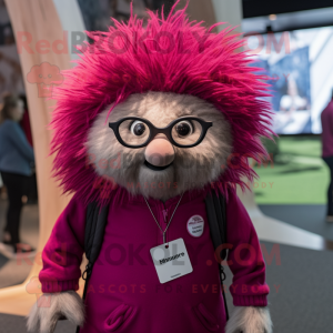Magenta Porcupine mascot costume character dressed with a Henley Tee and Eyeglasses