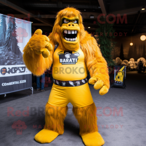 Yellow Sasquatch mascot costume character dressed with a T-Shirt and Belts