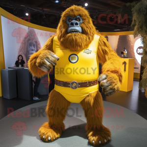 Yellow Sasquatch mascot costume character dressed with a T-Shirt and Belts