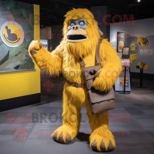 Yellow Sasquatch mascot costume character dressed with a T-Shirt and Belts