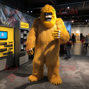 Yellow Sasquatch mascot costume character dressed with a T-Shirt and Belts