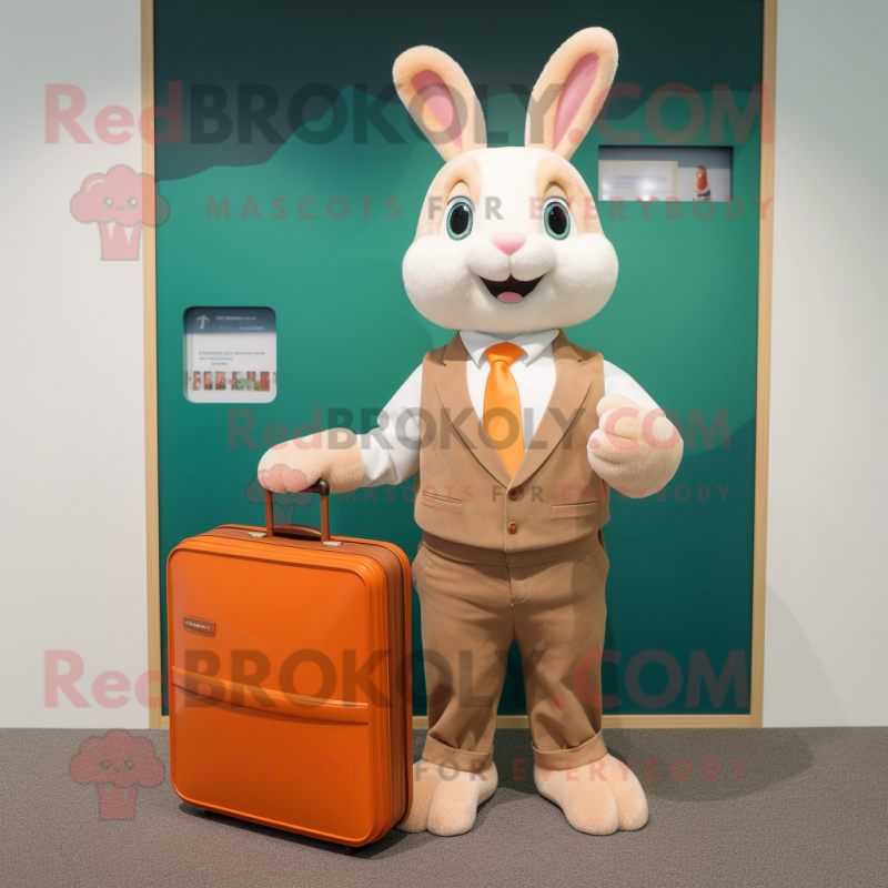 Peach Rabbit mascot costume character dressed with a Chinos and Briefcases