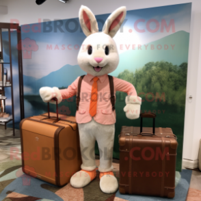 Peach Rabbit mascot costume character dressed with a Chinos and Briefcases