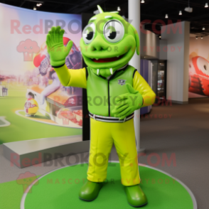 Lime Green American Football Helmet mascot costume character dressed with a Windbreaker and Gloves