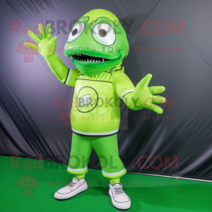 Lime Green American Football Helmet mascot costume character dressed with a Windbreaker and Gloves