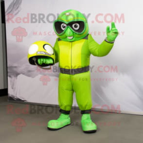 Lime Green American Football Helmet mascot costume character dressed with a Windbreaker and Gloves