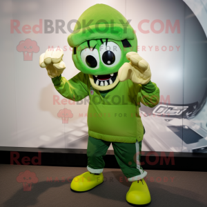 Lime Green American Football Helmet mascot costume character dressed with a Windbreaker and Gloves