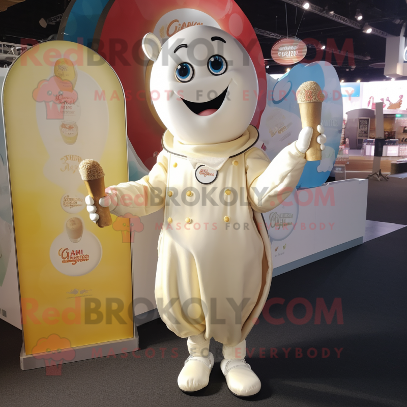 Cream Champagne mascot costume character dressed with a Playsuit and Brooches Cream Champagne mascot costume character dressed with a Playsuit and Brooches