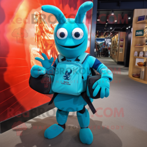 Teal Lobster Bisque mascot costume character dressed with a T-Shirt and Backpacks