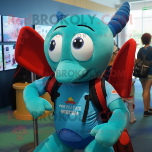 Teal Lobster Bisque mascot costume character dressed with a T-Shirt and Backpacks