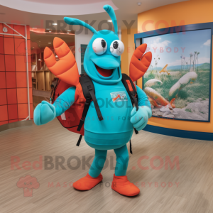 Teal Lobster Bisque mascot costume character dressed with a T-Shirt and Backpacks