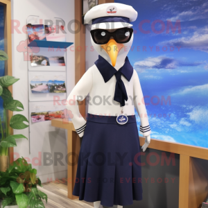 Navy Pigeon mascot costume character dressed with a Maxi Skirt and Eyeglasses
