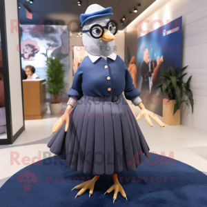 Navy Pigeon mascot costume character dressed with a Maxi Skirt and Eyeglasses