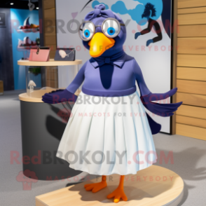 Navy Pigeon mascot costume character dressed with a Maxi Skirt and Eyeglasses