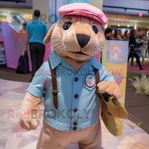 Pink Sea Lion mascot costume character dressed with a Chambray Shirt and Berets
