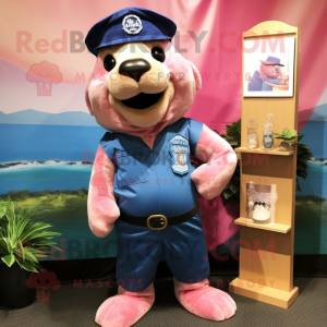 Pink Sea Lion mascot costume character dressed with a Chambray Shirt and Berets