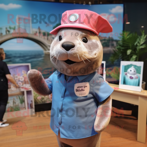 Pink Sea Lion mascot costume character dressed with a Chambray Shirt and Berets