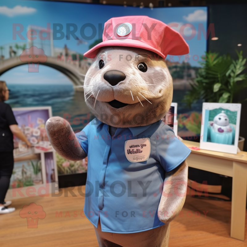 Pink Sea Lion mascot costume character dressed with a Chambray Shirt and Berets Pink Sea Lion mascot costume character dressed with a Chambray Shirt and Berets